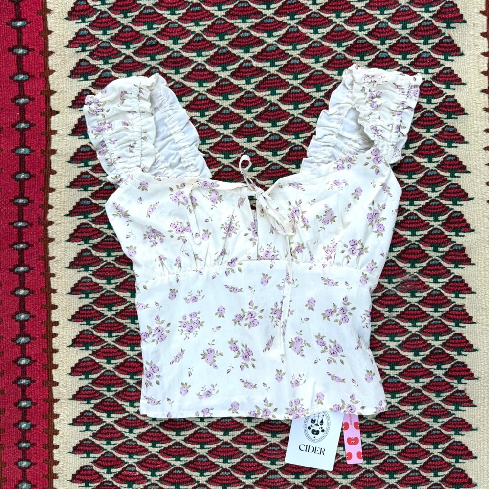 NWT Cider Cream Floral Crop Top Milkmaid Ruffle Tie Front Cottagecore XXS